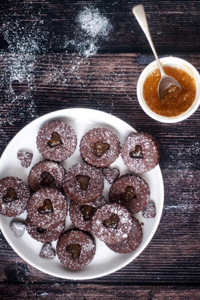 Chocolate Orange Linzer Cookies on a white plate
