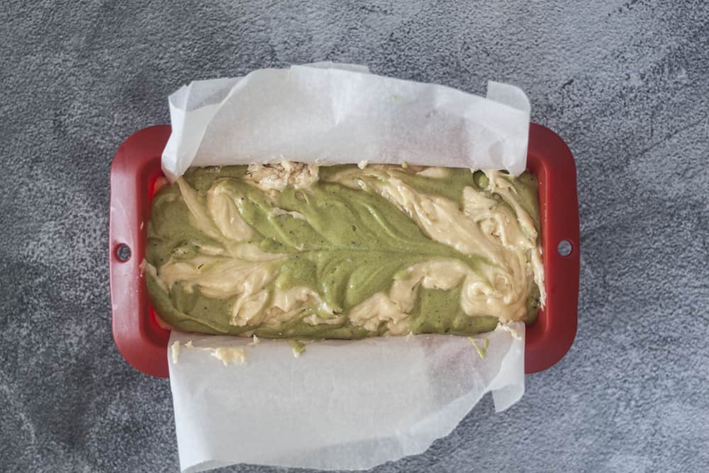 swirling technique for Vanilla Matcha Marble Pound Cake