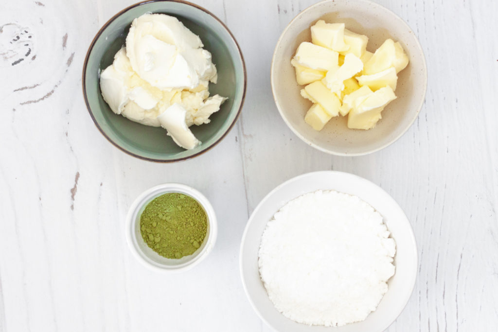 ingredients for matcha cream cheese frosting