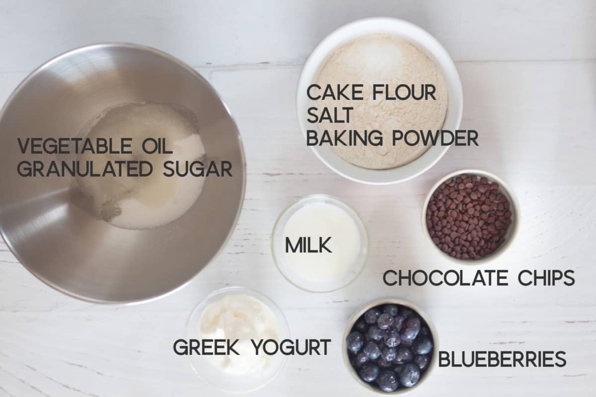 ingredients for Chocolate Chip Blueberry Muffins