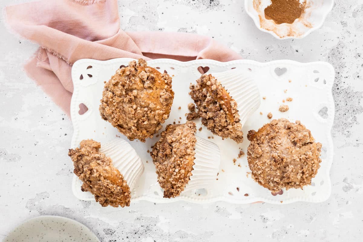 five eggless chai muffins with streusel topping