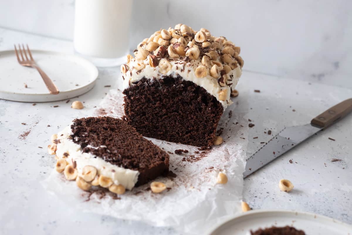 Chocolate and Hazelnut Loaf Cake with Mascarpone Frosting