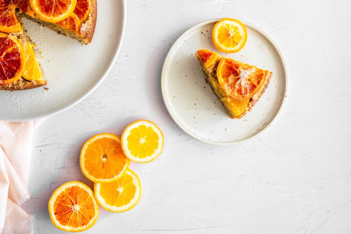 a slice of blood-orange upside down cake