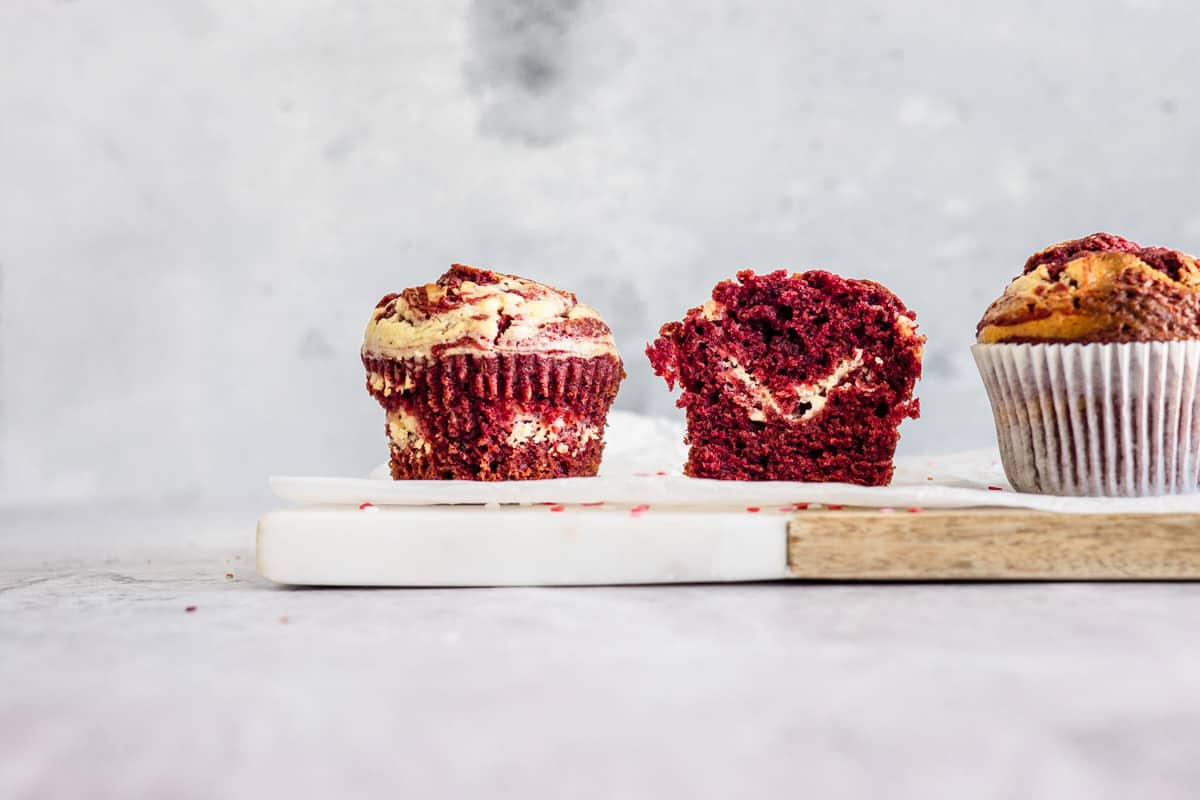 three Red Velvet Swirl Muffins