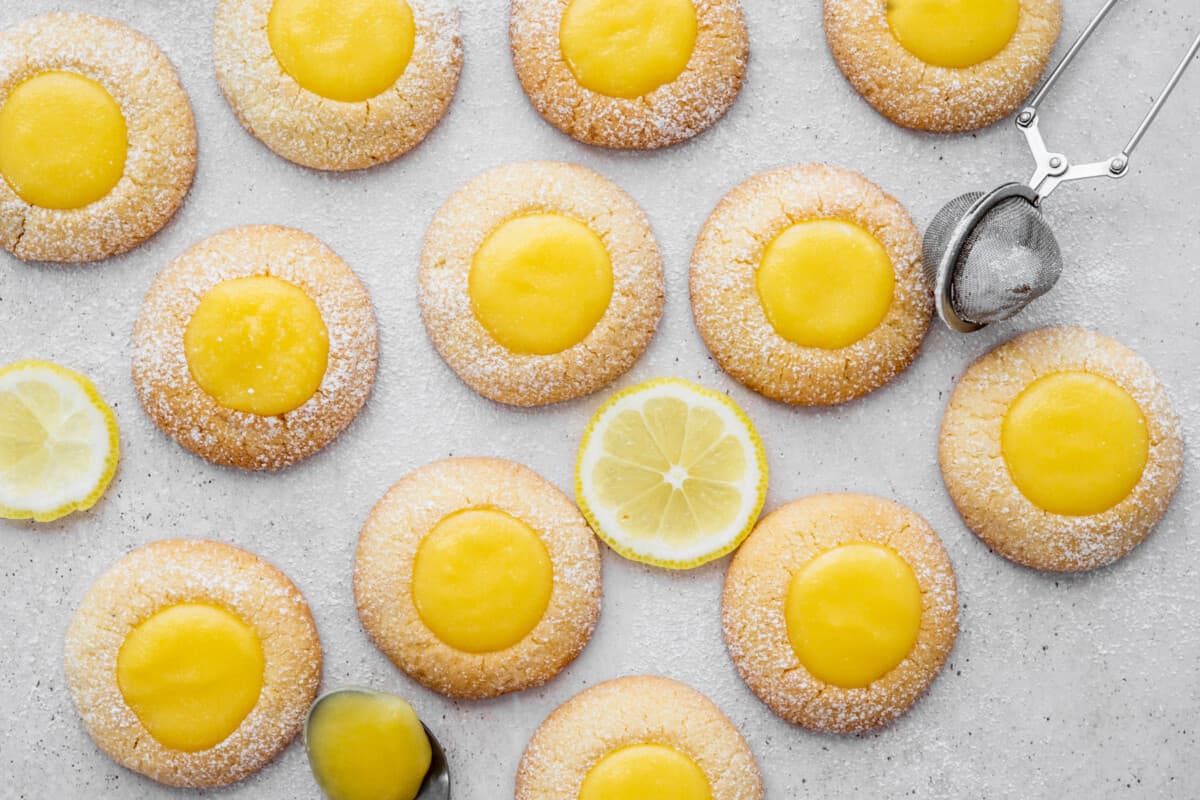 A batch of lemon curd thumbprint cookies.